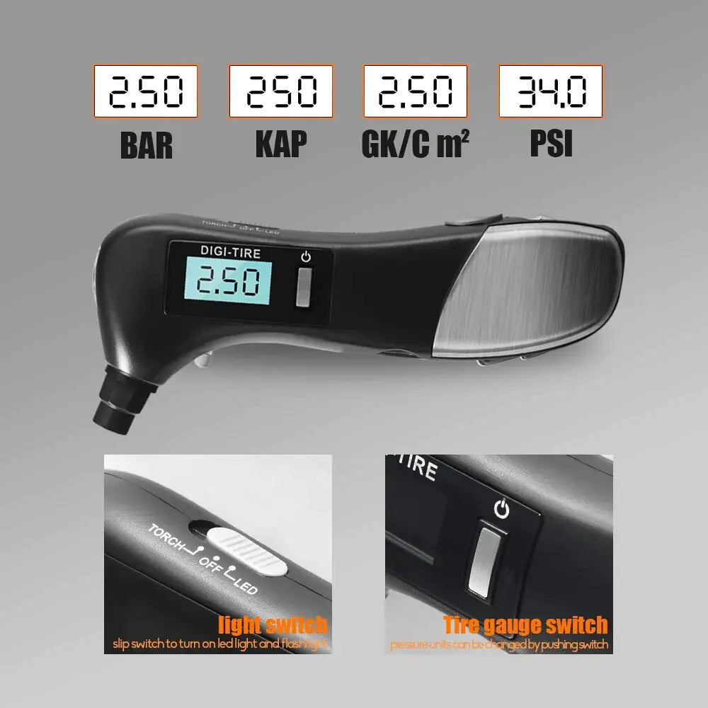 9 in 1 Digital Tire Pressure Alarm Gauge Multifunctional Tire Pressure Sensor Tpms Systems w LED Flashlight Car Hammer